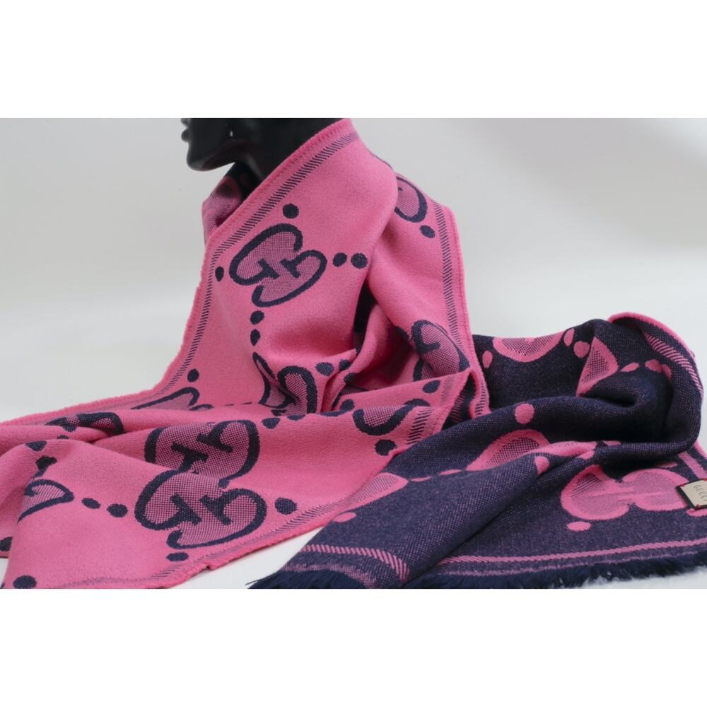 GUCCI Wool GG Monogram Scarf Salmon Pink Lady Nest Lux Designer Wrap Italy - Picture 15 of 16